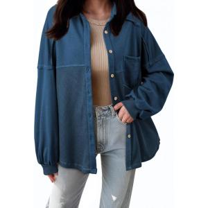 imageSHEWIN Womens Waffle Knit Shackets Fall Fashion Button Down Shirt Jacket Loose Long Sleeve Tops With PocketSail Blue
