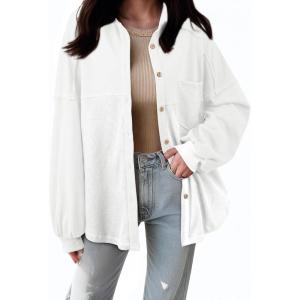 imageSHEWIN Womens Waffle Knit Shackets Fall Fashion Button Down Shirt Jacket Loose Long Sleeve Tops With PocketWhite