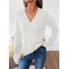 imageSHEWIN Womens Long Sleeve V Neck Sweaters Casual Loose Drop Shoulder Solid Knit Pullover Sweater TopsWhite