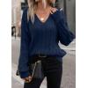 imageSHEWIN Womens Sweaters Casual V Neck Long Sleeve Cable Knit Crochet Sweater Fall Outfits for Women 2025Blue