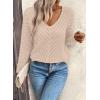 imageSHEWIN Womens Sweaters V Neck Long Sleeve Shirts Knit Hollow Out Crochet Sweater Fall Outfits for Women 2025Oatmeal