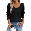 imageSHEWIN Womens Sweaters V Neck Long Sleeve Shirts Knit Hollow Out Crochet Sweater Fall Outfits for Women 2025Black