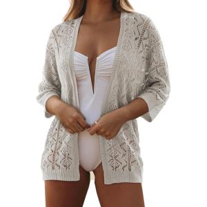 imageSHEWIN Summer Cardigan Sweaters for Women Lightweight 34 Sleeve Open Front Cropped Crochet Beach Cover UpsB Light Grey