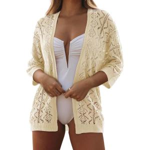 imageSHEWIN Summer Cardigan Sweaters for Women Lightweight 34 Sleeve Open Front Cropped Crochet Beach Cover UpsB Oatmeal
