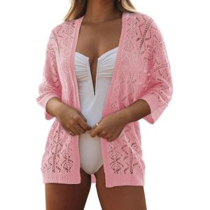 imageSHEWIN Summer Cardigan Sweaters for Women Lightweight 34 Sleeve Open Front Cropped Crochet Beach Cover UpsB Pink