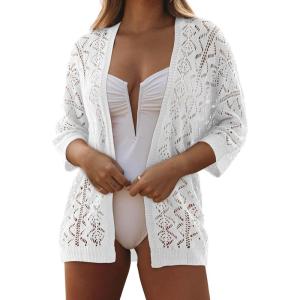 imageSHEWIN Summer Cardigan Sweaters for Women Lightweight 34 Sleeve Open Front Cropped Crochet Beach Cover UpsB White