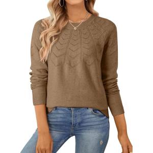 imageSHEWIN Sweaters for Women Crochet Long Sleeve Crew Neck Sweater Lightweight Shirts Tops Fall Fashion 2025Light French Beige