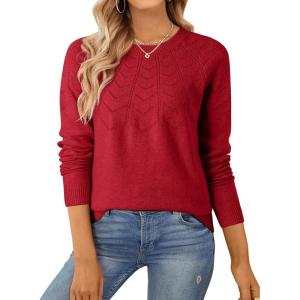 imageSHEWIN Sweaters for Women Crochet Long Sleeve Crew Neck Sweater Lightweight Shirts Tops Fall Fashion 2025Racing Red