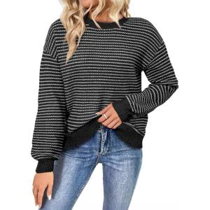 imageSHEWIN Womens Long Sleeve Crewneck Sweaters Casual Knit Striped Side Split Pullover Sweater TopsBlack