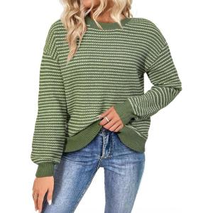 imageSHEWIN Womens Long Sleeve Crewneck Sweaters Casual Knit Striped Side Split Pullover Sweater TopsGrass Green