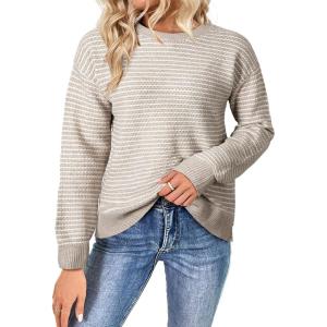 imageSHEWIN Womens Long Sleeve Crewneck Sweaters Casual Knit Striped Side Split Pullover Sweater TopsKhaki