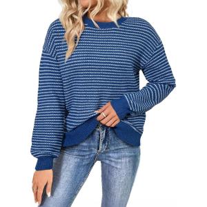 imageSHEWIN Womens Long Sleeve Crewneck Sweaters Casual Knit Striped Side Split Pullover Sweater TopsLight Blue