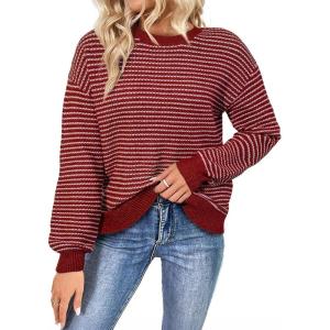 imageSHEWIN Womens Long Sleeve Crewneck Sweaters Casual Knit Striped Side Split Pullover Sweater TopsRed