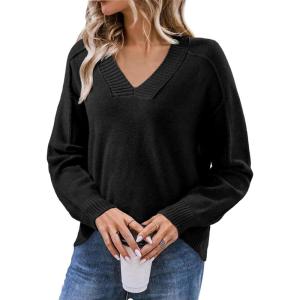 imageSHEWIN Womens Long Sleeve V Neck Sweaters Casual Loose Drop Shoulder Solid Knit Pullover Sweater TopsBlack