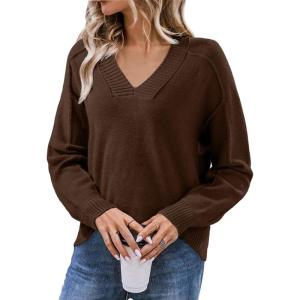 imageSHEWIN Womens Long Sleeve V Neck Sweaters Casual Loose Drop Shoulder Solid Knit Pullover Sweater TopsCoffee