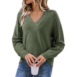 imageSHEWIN Womens Long Sleeve V Neck Sweaters Casual Loose Drop Shoulder Solid Knit Pullover Sweater TopsGreen