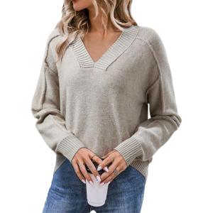 imageSHEWIN Womens Long Sleeve V Neck Sweaters Casual Loose Drop Shoulder Solid Knit Pullover Sweater TopsParchment