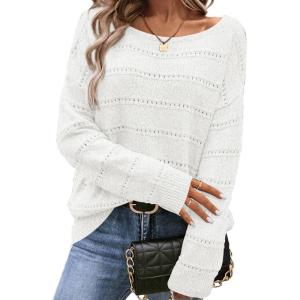 imageSHEWIN Womens Sweaters Boat Neck Crochet Long Sleeve Sweater Lightweight Knit Tops Shitrs Loose Fit Fall Fashion 2025Beige