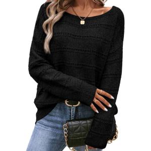 imageSHEWIN Womens Sweaters Boat Neck Crochet Long Sleeve Sweater Lightweight Knit Tops Shitrs Loose Fit Fall Fashion 2025Black