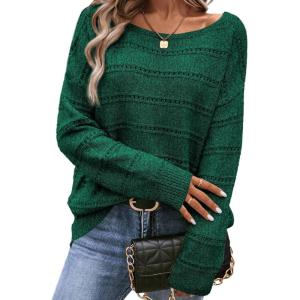 imageSHEWIN Womens Sweaters Boat Neck Crochet Long Sleeve Sweater Lightweight Knit Tops Shitrs Loose Fit Fall Fashion 2025Blackish Green