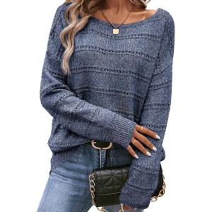 imageSHEWIN Womens Sweaters Boat Neck Crochet Long Sleeve Sweater Lightweight Knit Tops Shitrs Loose Fit Fall Fashion 2025Bluing