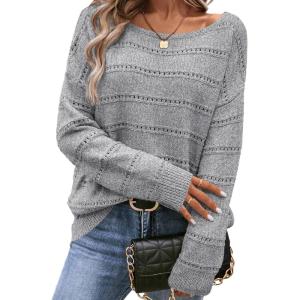 imageSHEWIN Womens Sweaters Boat Neck Crochet Long Sleeve Sweater Lightweight Knit Tops Shitrs Loose Fit Fall Fashion 2025Gray