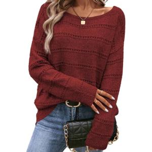imageSHEWIN Womens Sweaters Boat Neck Crochet Long Sleeve Sweater Lightweight Knit Tops Shitrs Loose Fit Fall Fashion 2025Red Dahlia