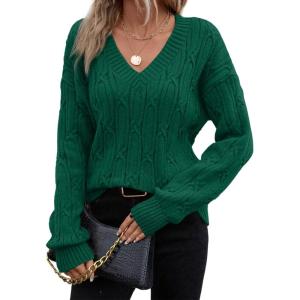 imageSHEWIN Womens Sweaters Casual V Neck Long Sleeve Cable Knit Crochet Sweater Fall Outfits for Women 2025Green