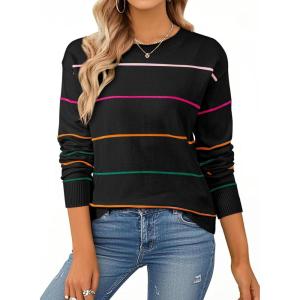 imageSHEWIN Womens Sweaters Crew Neck Knit Long Sleeve Striped Sweater Fall Outfits for Women 2025Black