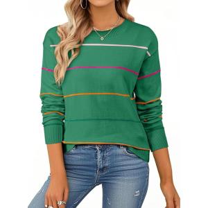 imageSHEWIN Womens Sweaters Crew Neck Knit Long Sleeve Striped Sweater Fall Outfits for Women 2025Bright Green