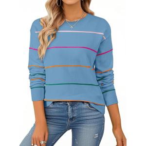 imageSHEWIN Womens Sweaters Crew Neck Knit Long Sleeve Striped Sweater Fall Outfits for Women 2025Dusk Blue