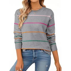 imageSHEWIN Womens Sweaters Crew Neck Knit Long Sleeve Striped Sweater Fall Outfits for Women 2025Gray