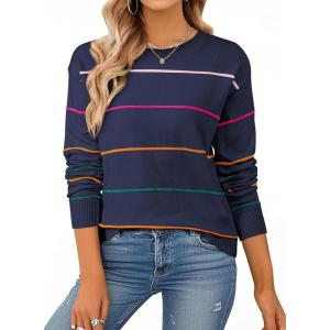 imageSHEWIN Womens Sweaters Crew Neck Knit Long Sleeve Striped Sweater Fall Outfits for Women 2025Navy Blue