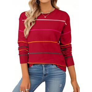 imageSHEWIN Womens Sweaters Crew Neck Knit Long Sleeve Striped Sweater Fall Outfits for Women 2025Racing Red