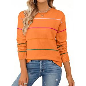 imageSHEWIN Womens Sweaters Crew Neck Knit Long Sleeve Striped Sweater Fall Outfits for Women 2025Russet Orange