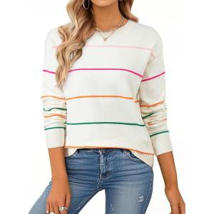 imageSHEWIN Womens Sweaters Crew Neck Knit Long Sleeve Striped Sweater Fall Outfits for Women 2025White