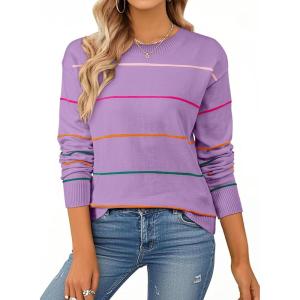 imageSHEWIN Womens Sweaters Crew Neck Knit Long Sleeve Striped Sweater Fall Outfits for Women 2025Wisteria