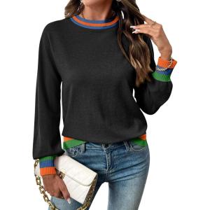 imageSHEWIN Womens Sweaters Crew Neck Long Sleeve Tops Knit Color Clock Fall Outfits for Women 2025Black