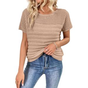 imageSHEWIN Womens Sweaters Crew Neck Short Sleeve Shirts Summer Tops Knit Hollow Out T Shirts Sweater BlousesApricot