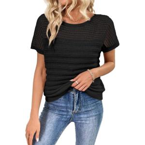 imageSHEWIN Womens Sweaters Crew Neck Short Sleeve Shirts Summer Tops Knit Hollow Out T Shirts Sweater BlousesBlack