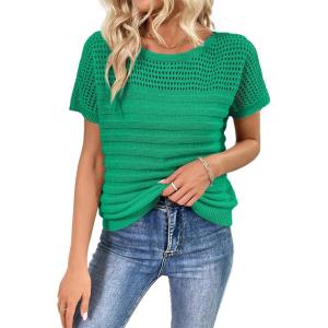 imageSHEWIN Womens Sweaters Crew Neck Short Sleeve Shirts Summer Tops Knit Hollow Out T Shirts Sweater BlousesBright Green