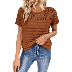 imageSHEWIN Womens Sweaters Crew Neck Short Sleeve Shirts Summer Tops Knit Hollow Out T Shirts Sweater BlousesCinnamon