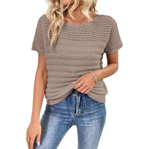 imageSHEWIN Womens Sweaters Crew Neck Short Sleeve Shirts Summer Tops Knit Hollow Out T Shirts Sweater BlousesDark Khaki