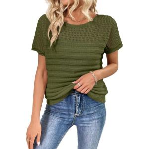 imageSHEWIN Womens Sweaters Crew Neck Short Sleeve Shirts Summer Tops Knit Hollow Out T Shirts Sweater BlousesGreen