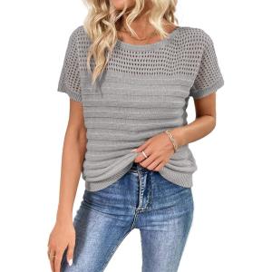 imageSHEWIN Womens Sweaters Crew Neck Short Sleeve Shirts Summer Tops Knit Hollow Out T Shirts Sweater BlousesGrey