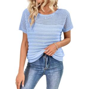 imageSHEWIN Womens Sweaters Crew Neck Short Sleeve Shirts Summer Tops Knit Hollow Out T Shirts Sweater BlousesMyosotis