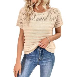 imageSHEWIN Womens Sweaters Crew Neck Short Sleeve Shirts Summer Tops Knit Hollow Out T Shirts Sweater BlousesOatmeal