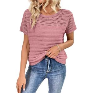 imageSHEWIN Womens Sweaters Crew Neck Short Sleeve Shirts Summer Tops Knit Hollow Out T Shirts Sweater BlousesPink