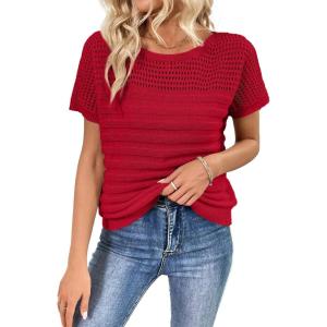imageSHEWIN Womens Sweaters Crew Neck Short Sleeve Shirts Summer Tops Knit Hollow Out T Shirts Sweater BlousesRacing Red