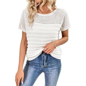 imageSHEWIN Womens Sweaters Crew Neck Short Sleeve Shirts Summer Tops Knit Hollow Out T Shirts Sweater BlousesWhite